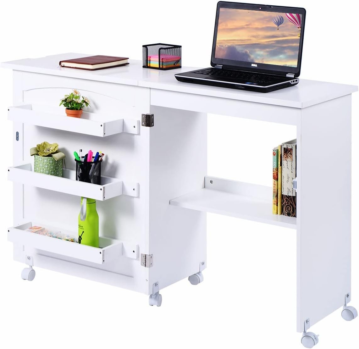 Folding Sewing Table 117cm Mobile Craft Desk with Wheels & Storage White