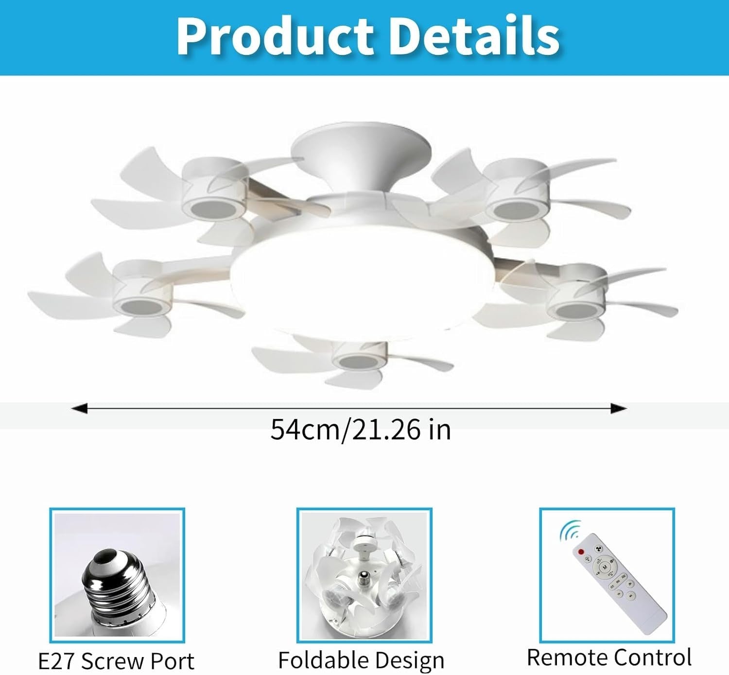 Credelin 5-Head Ceiling Fan Light, E27 Socket, 3-Speed, Remote, Dimmable
