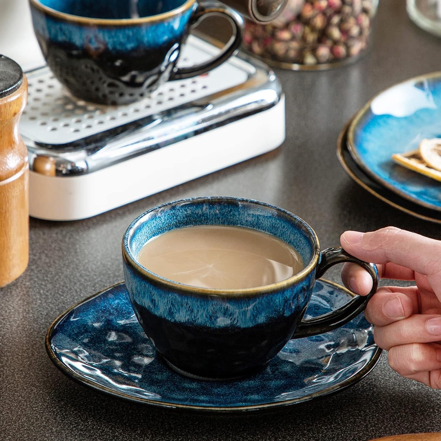 8pc Ceramic Coffee Cup & Saucer Set 270ml Blue Espresso Tea