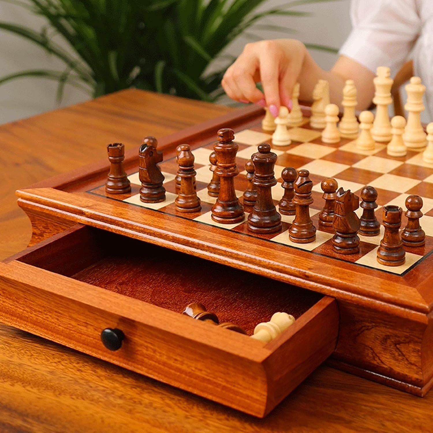 Premium Solid Wood Magnetic Chess Set with Storage Drawers & Deluxe Board