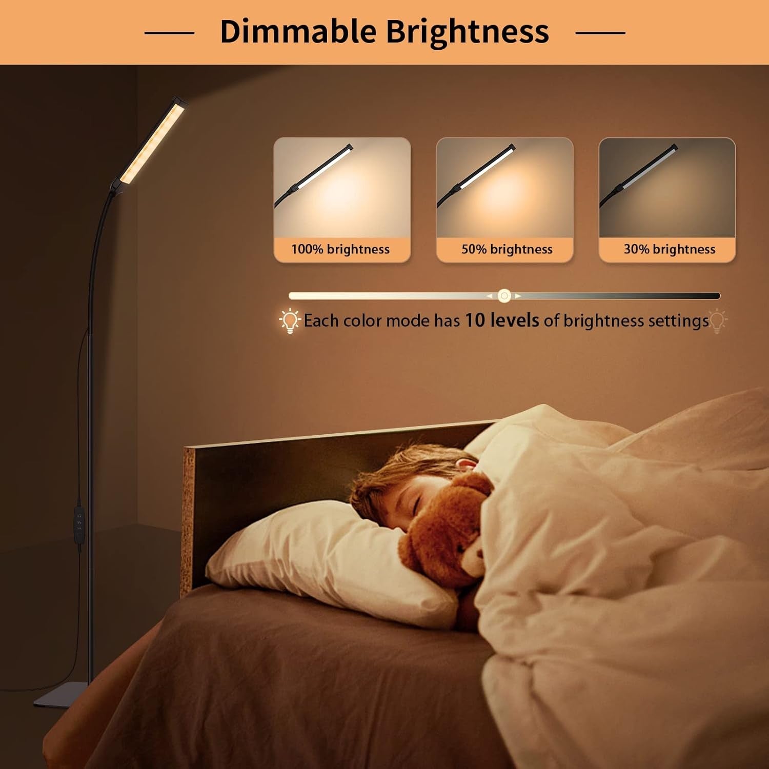LED Floor Lamp Remote Control Dimmable 3 Colour Flexible Arm Reading Light
