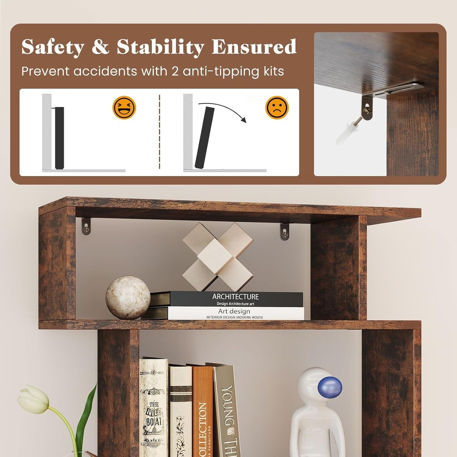 6-Tier S-Shaped Bookshelf Ladder Shelf with Anti-Tip Kits, Rustic Brown, Tall St