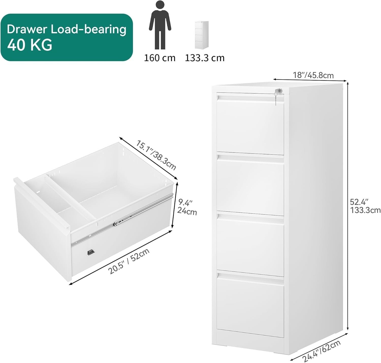 White 4 Drawer Lockable File Cabinet 62x45x133cm Rolling Steel