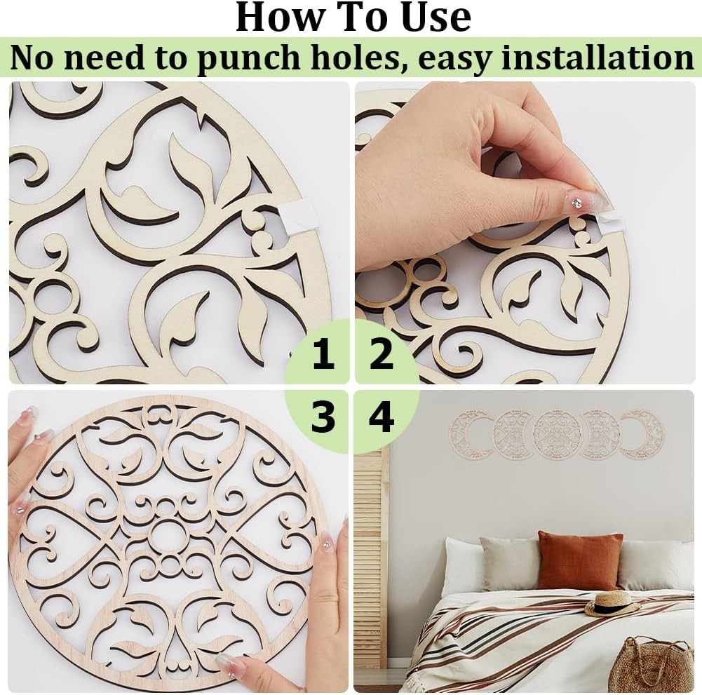 Moon Phase Wall Decor Wooden Boho Witchy 5-Piece Art