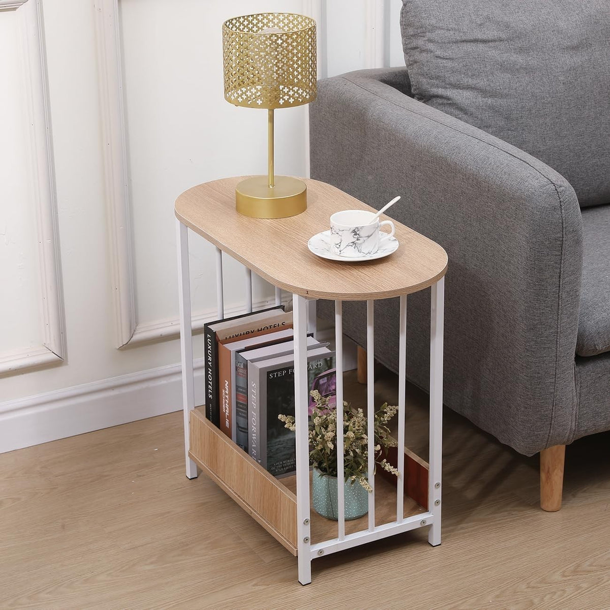 C-Shaped Wooden Sofa Side Table – Narrow Slim End Table for Small Spaces