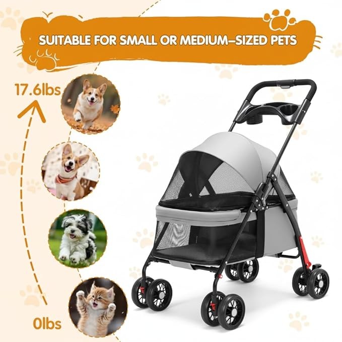 Lightweight Pet Stroller Foldable 4 Wheel Pushchair for Small Dogs Cats