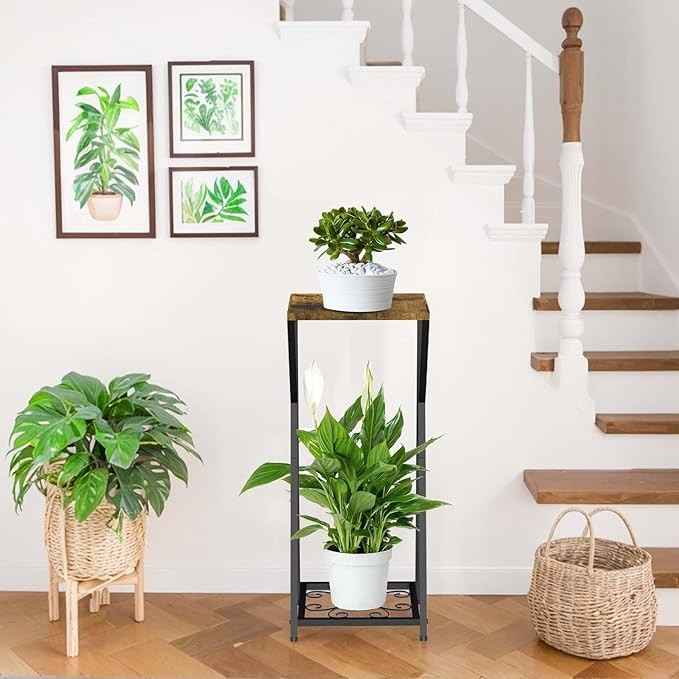 2 Tier Metal Wood Plant Stand Indoor Outdoor Corner Tall Flower Display Rack