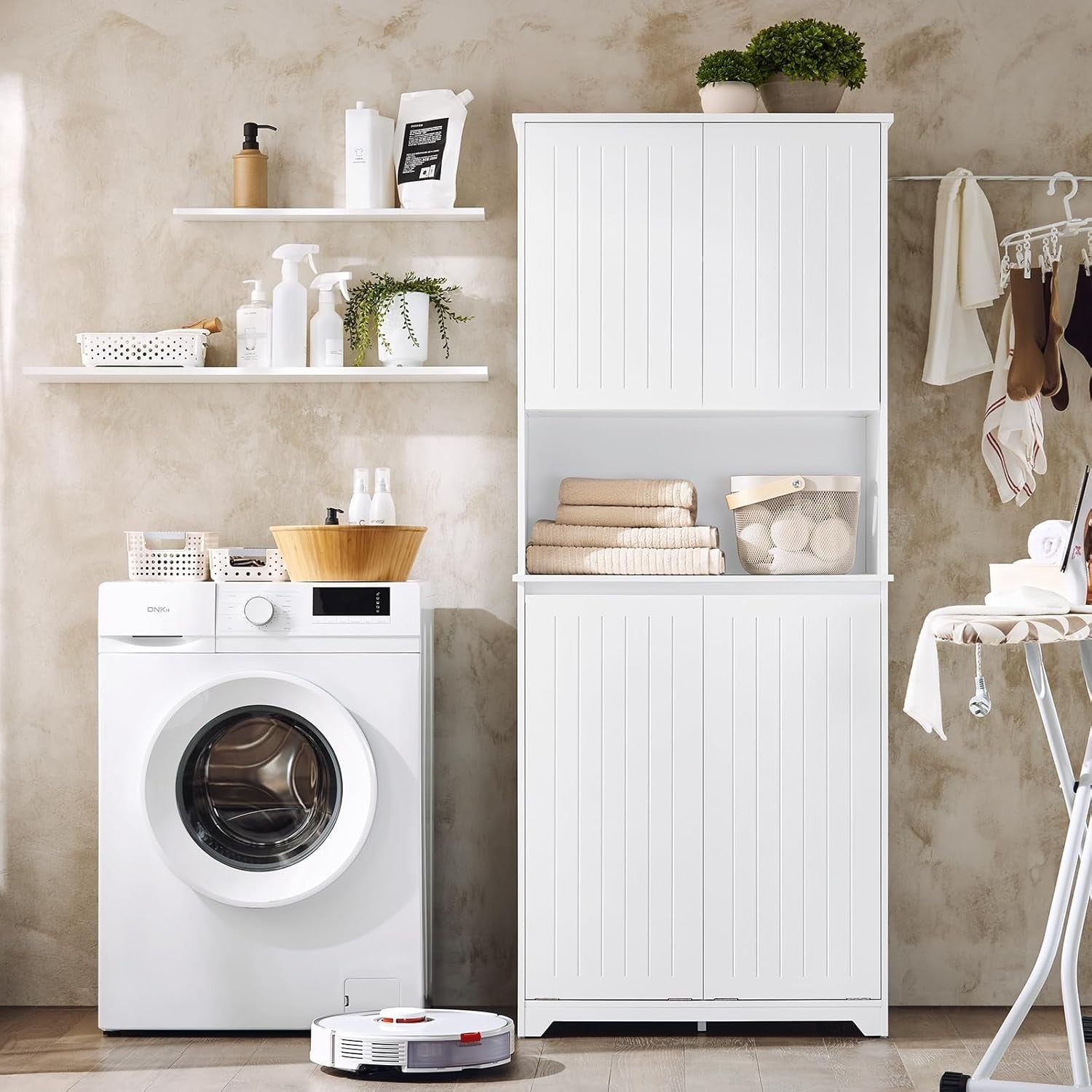 Tall Bathroom Storage Cabinet with Laundry Basket White Unit Doors Shelves 170cm