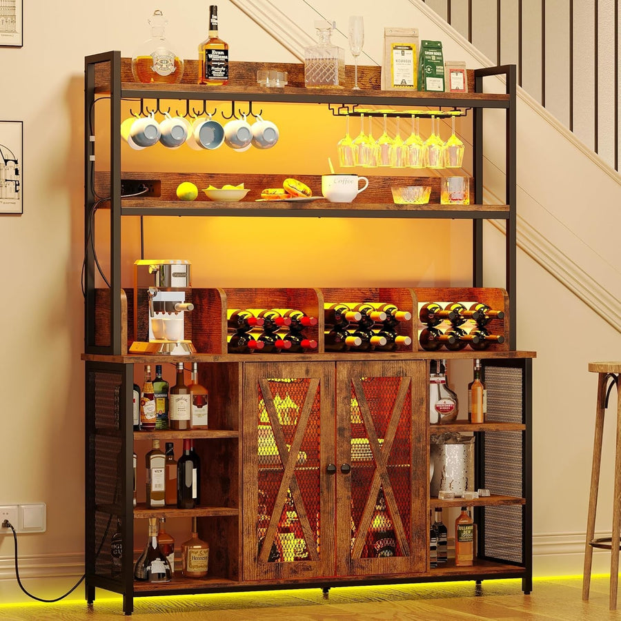 Industrial Bar Cabinet with LED Lights & Glass Rack, Large Buffet Storage Unit