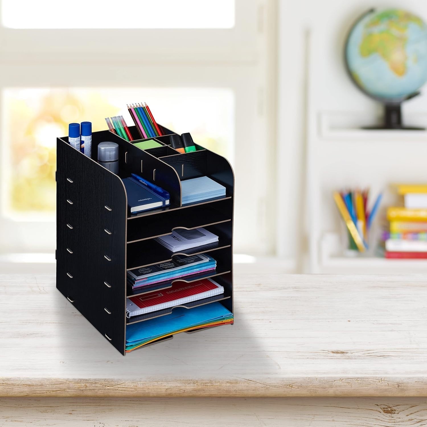 12-Compartment Desk Organiser with A4 Document Tray – Black Office Storage