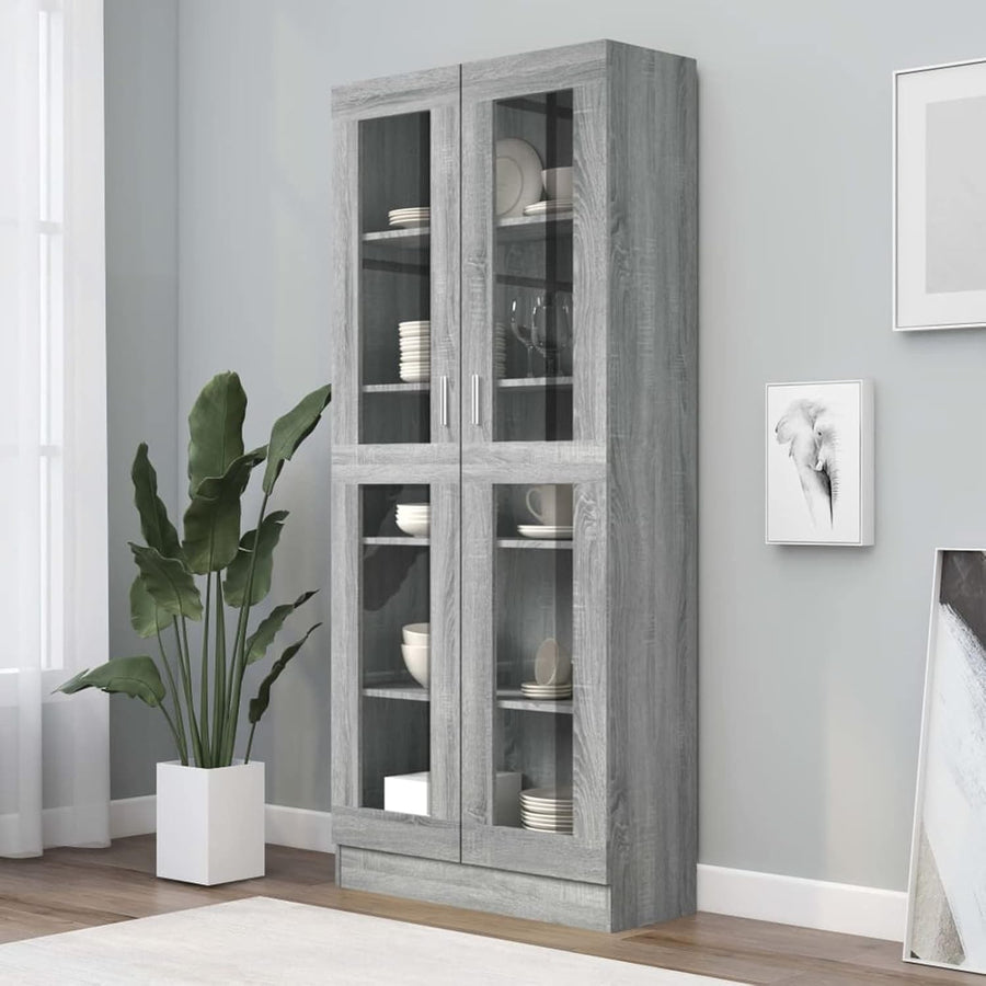 185cm Grey Book Vitrine Cabinet | Glass Doors & Storage Shelves