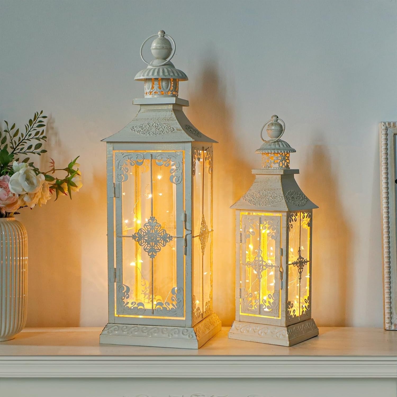 2 Pack White Gold Vintage Metal Candle Lanterns Indoor Outdoor