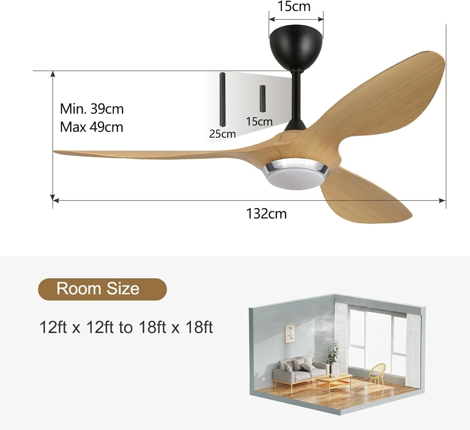 52" Ceiling Fan with Lights Natural Blades Black Motor 35W 6 Speeds