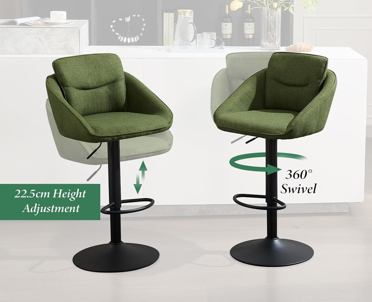 Adjustable Green Swivel Bar Stools Set of 2 | Linen Seat, Metal Base