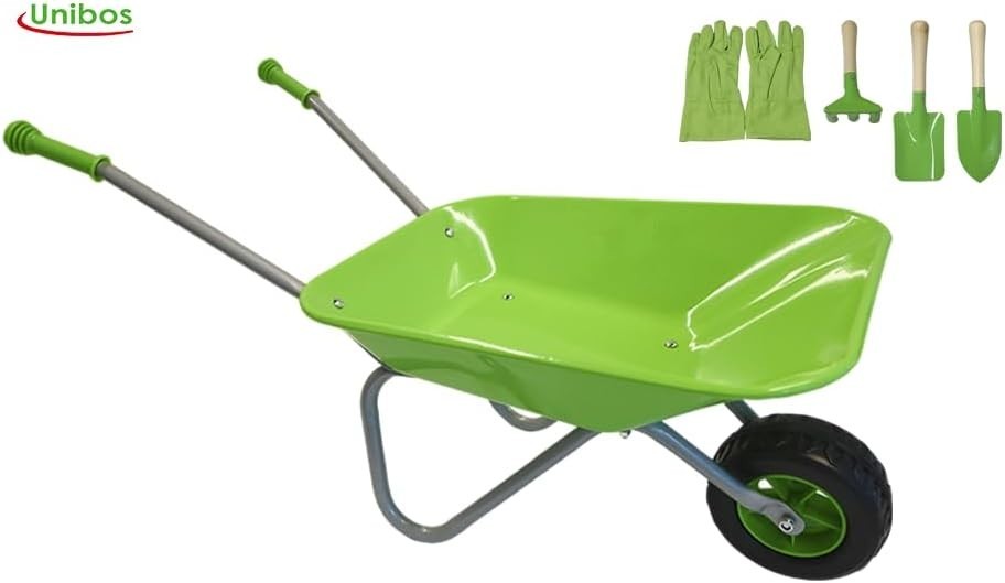 Kids Green Wheelbarrow Set 5pcs – Metal Toy Garden Tools w/ Gloves & Rake