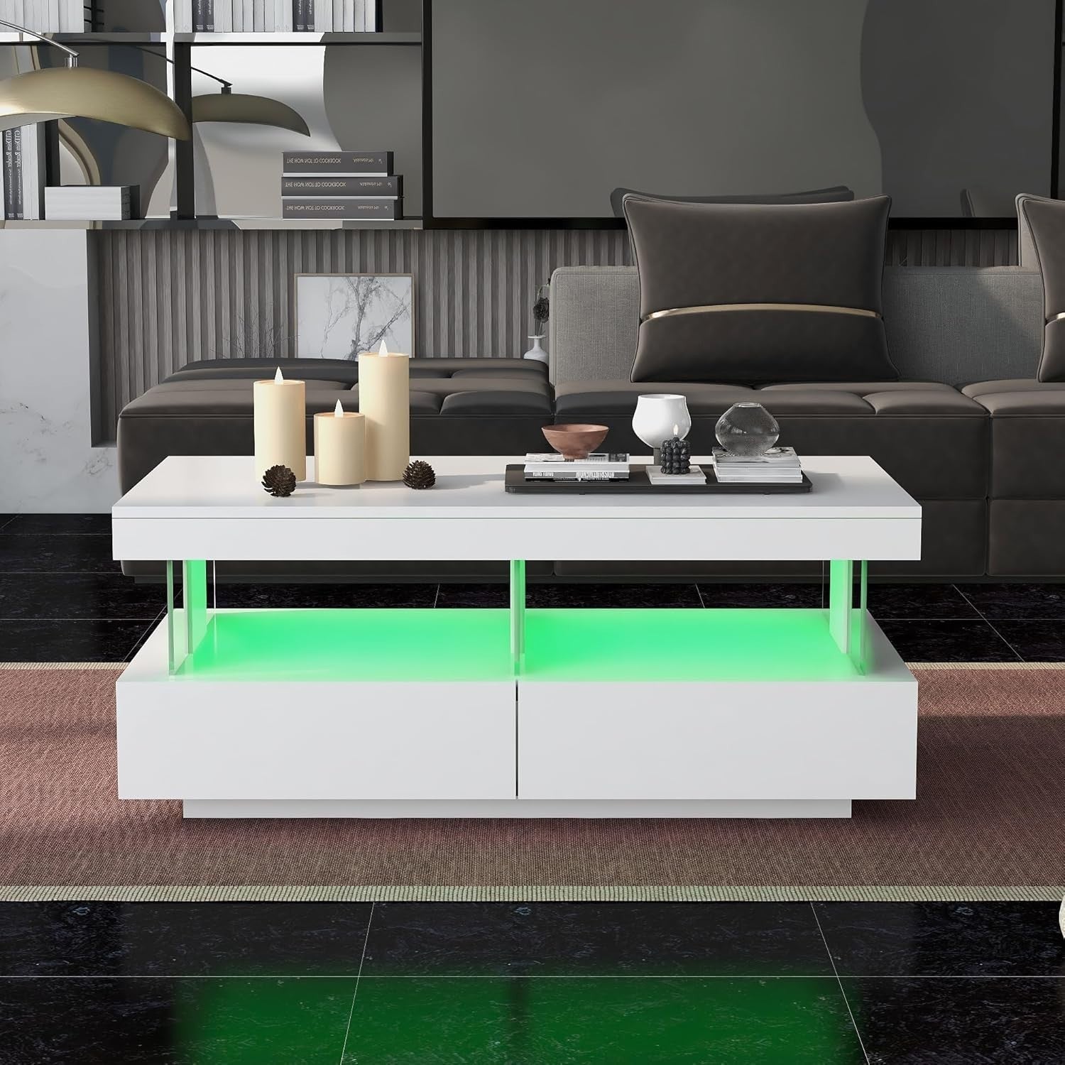 White LED Coffee Table with 2 Drawers & Open Storage, High Gloss 100x60cm