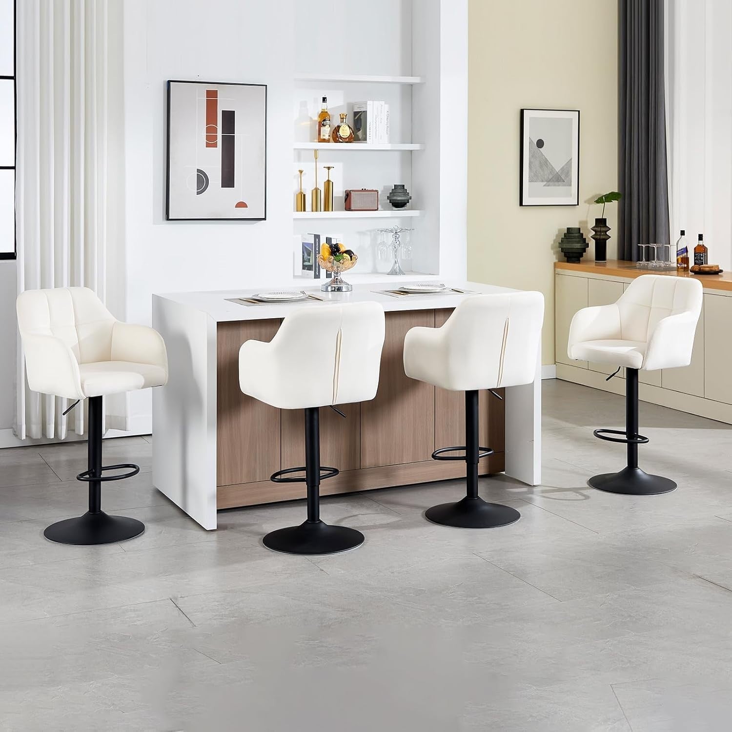 Set of 2 White PU Swivel Bar Stools Adjustable Height Modern Chairs