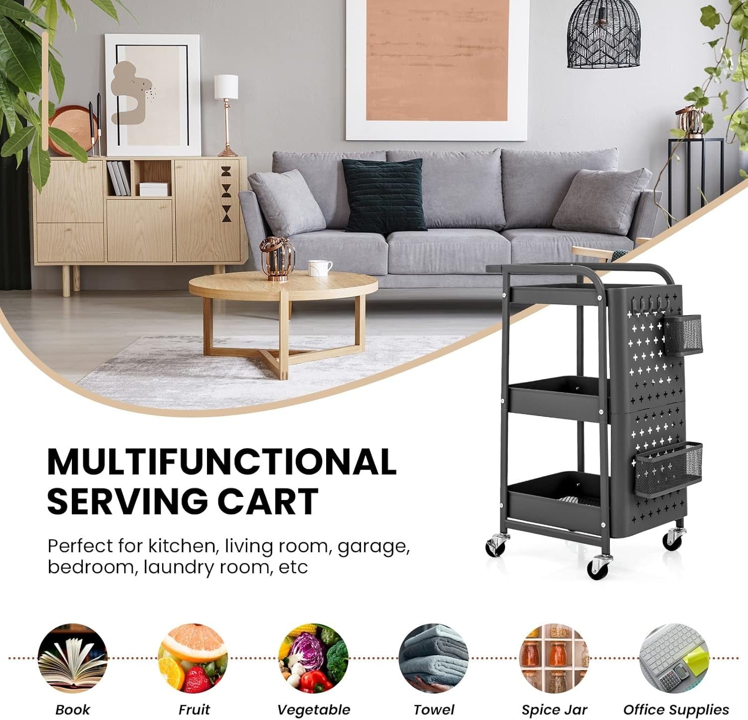 3 Tier Rolling Utility Cart Metal Storage Trolley Pegboard Organizer Grey
