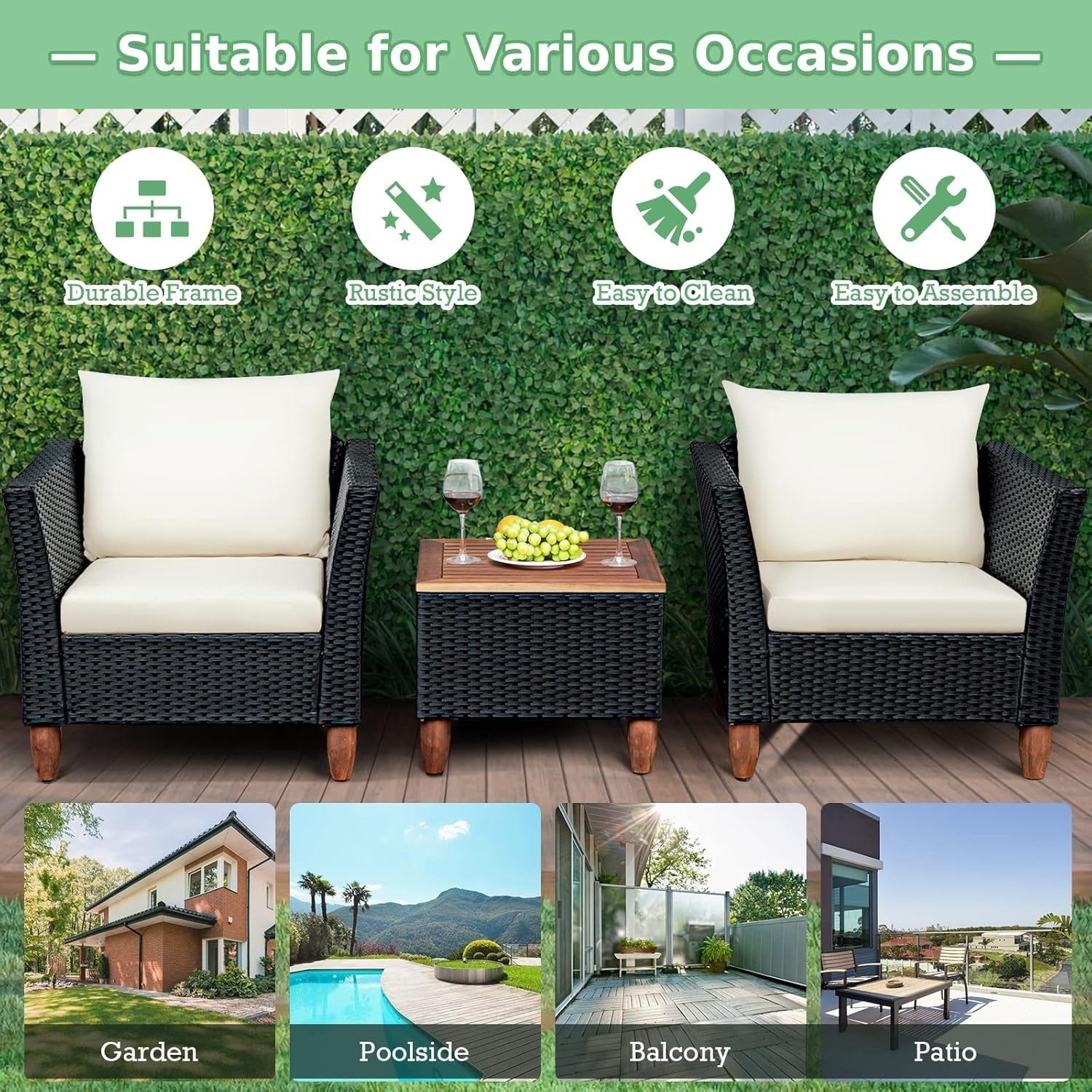3pc Rattan Patio Set Garden Sofas w/ Cushions & Acacia Coffee Table