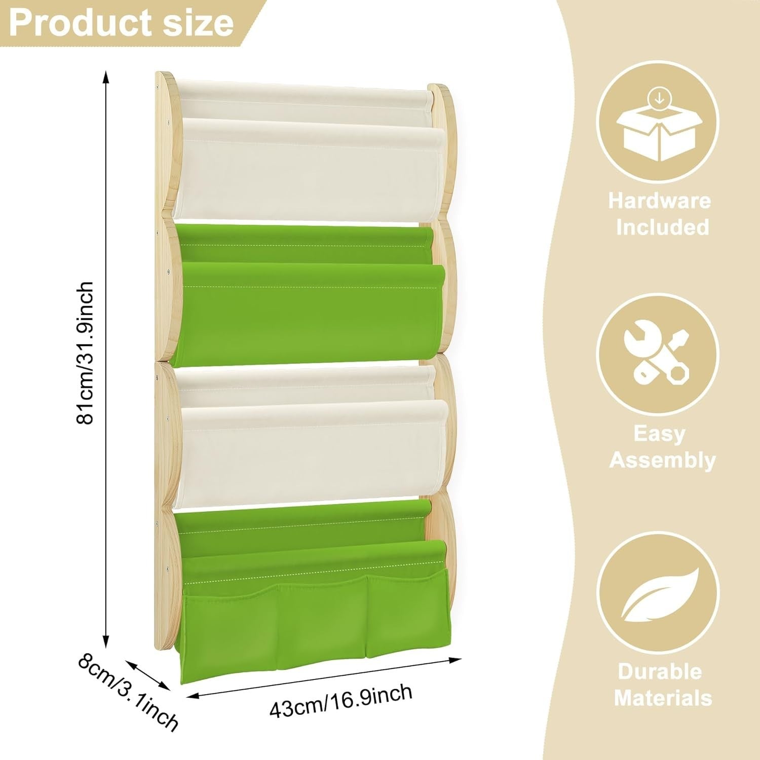 Montessori Kids Wall Bookshelf 4 Tier Storage Rack with Pockets – Green