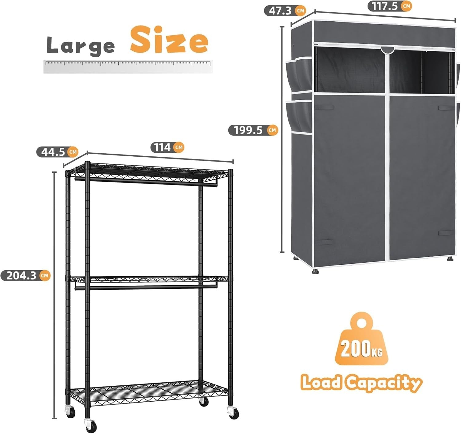 Heavy Duty Clothes Rail with Cover & Shelves – Black 204cm