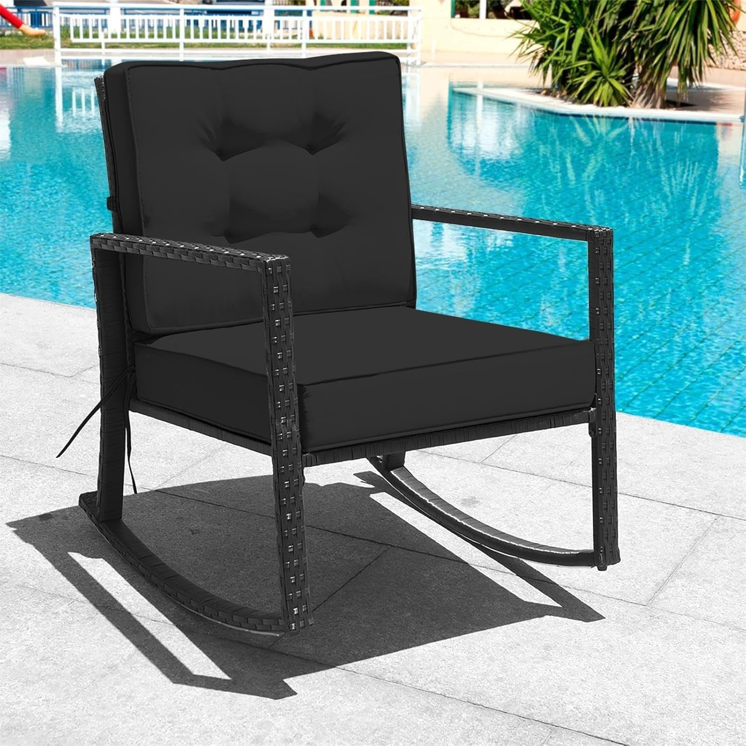 Outdoor Rattan Rocking Chair Cushioned Patio Garden Porch Relaxer Seat