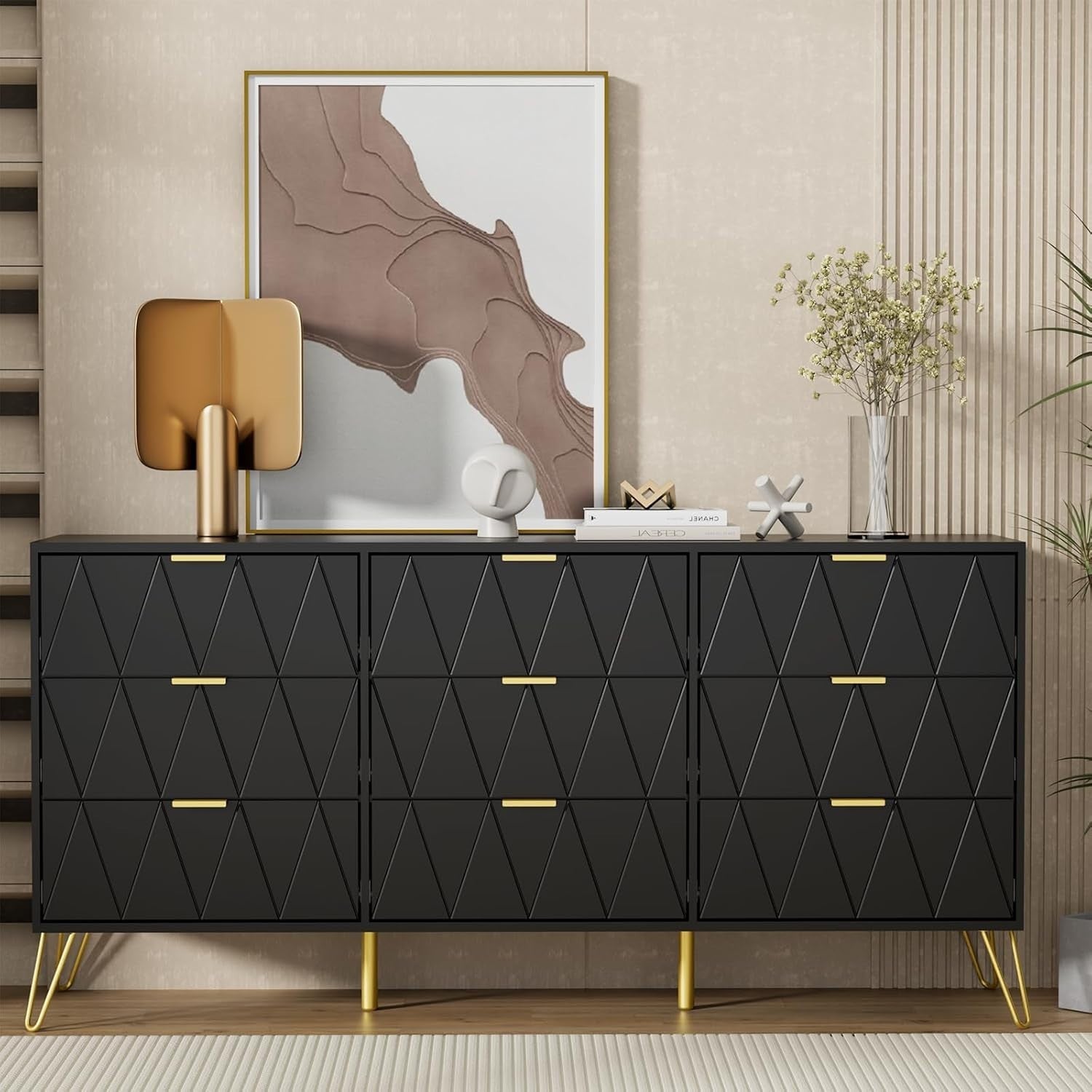 Black 9 Drawer Chest of Drawers Wide Modern Dresser Cabinet for Bedroom