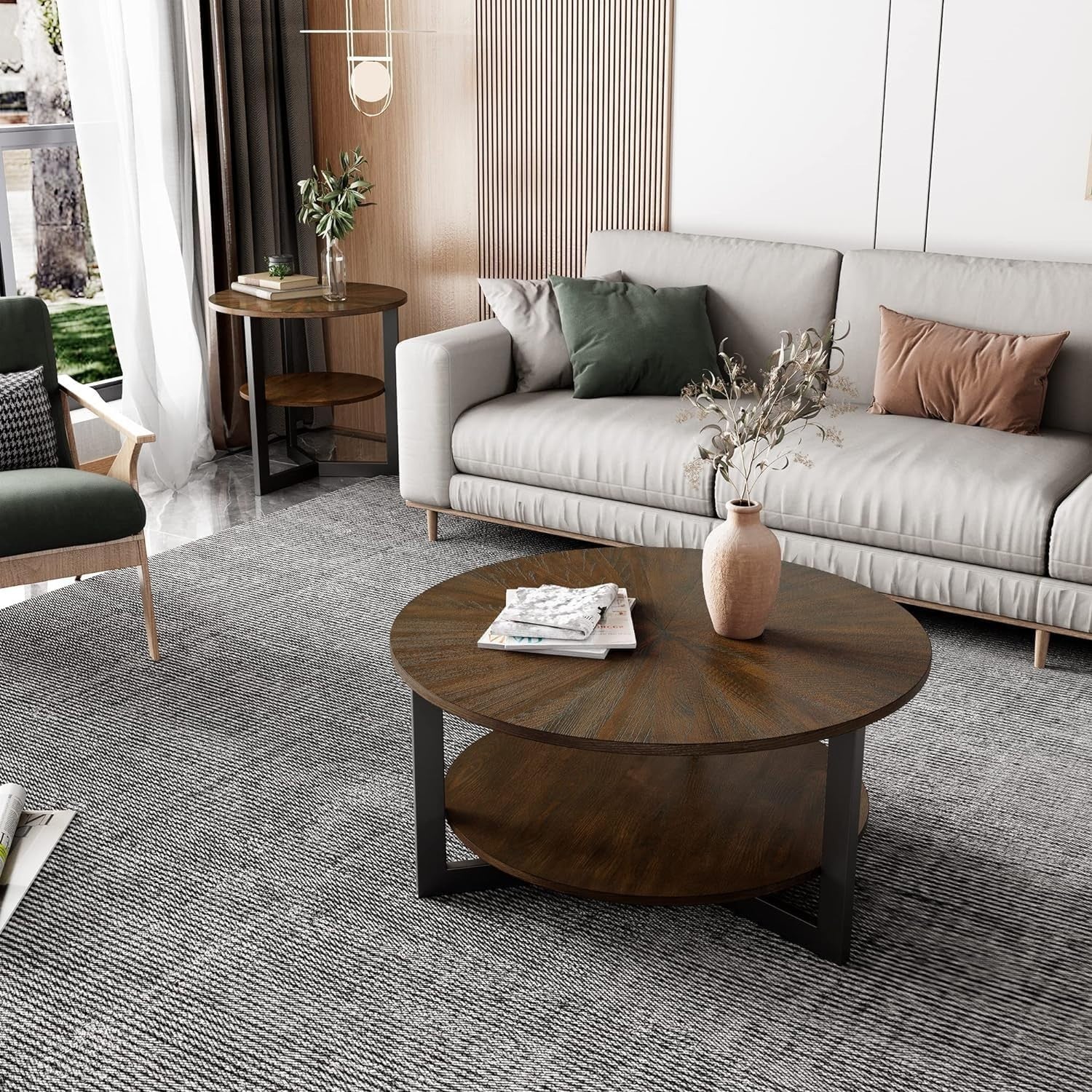 Round Coffee Table with 2-Tier Storage, Solid Wood & Metal Frame 85x45.3cm