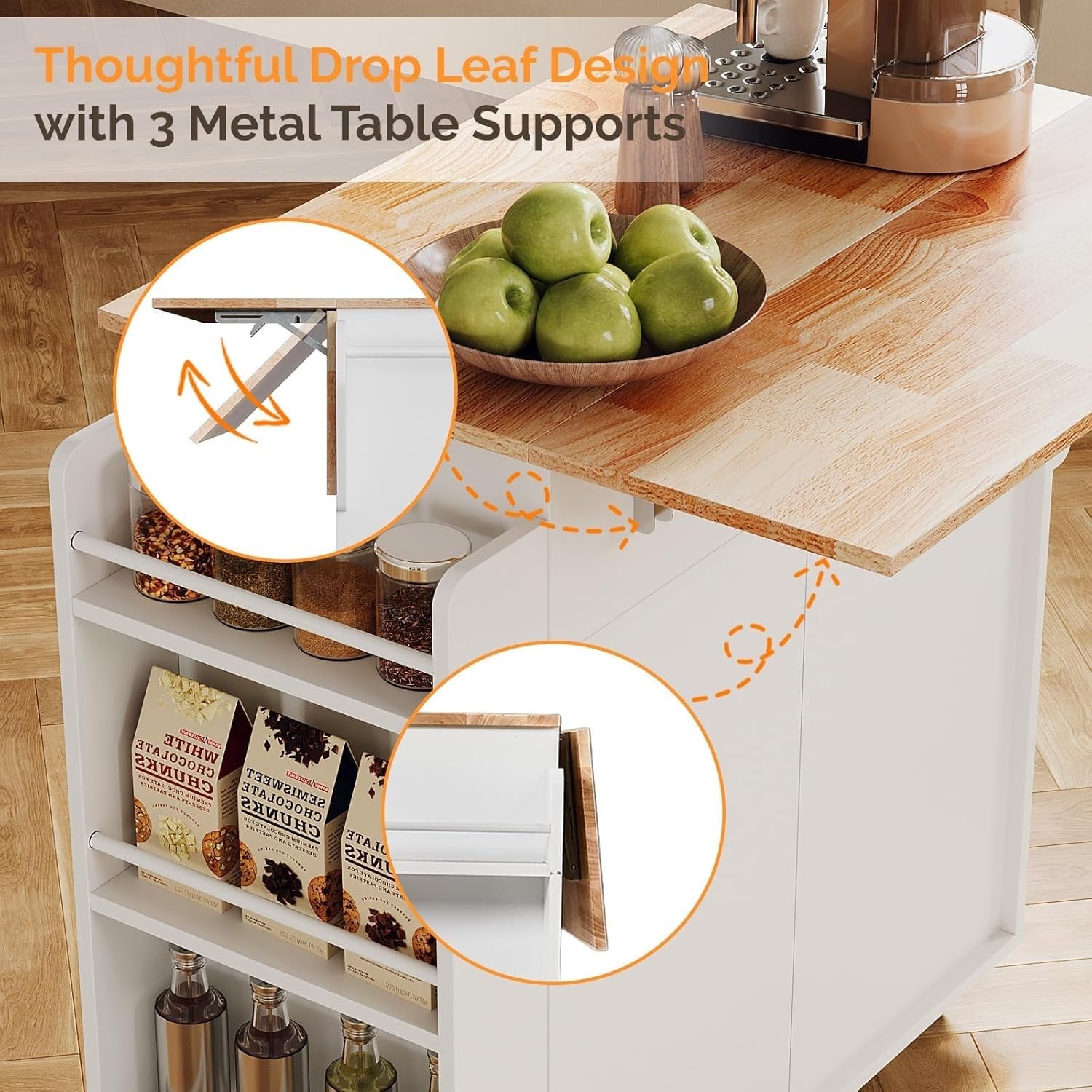 80cm White Rolling Kitchen Island Folding Table Storage Cart