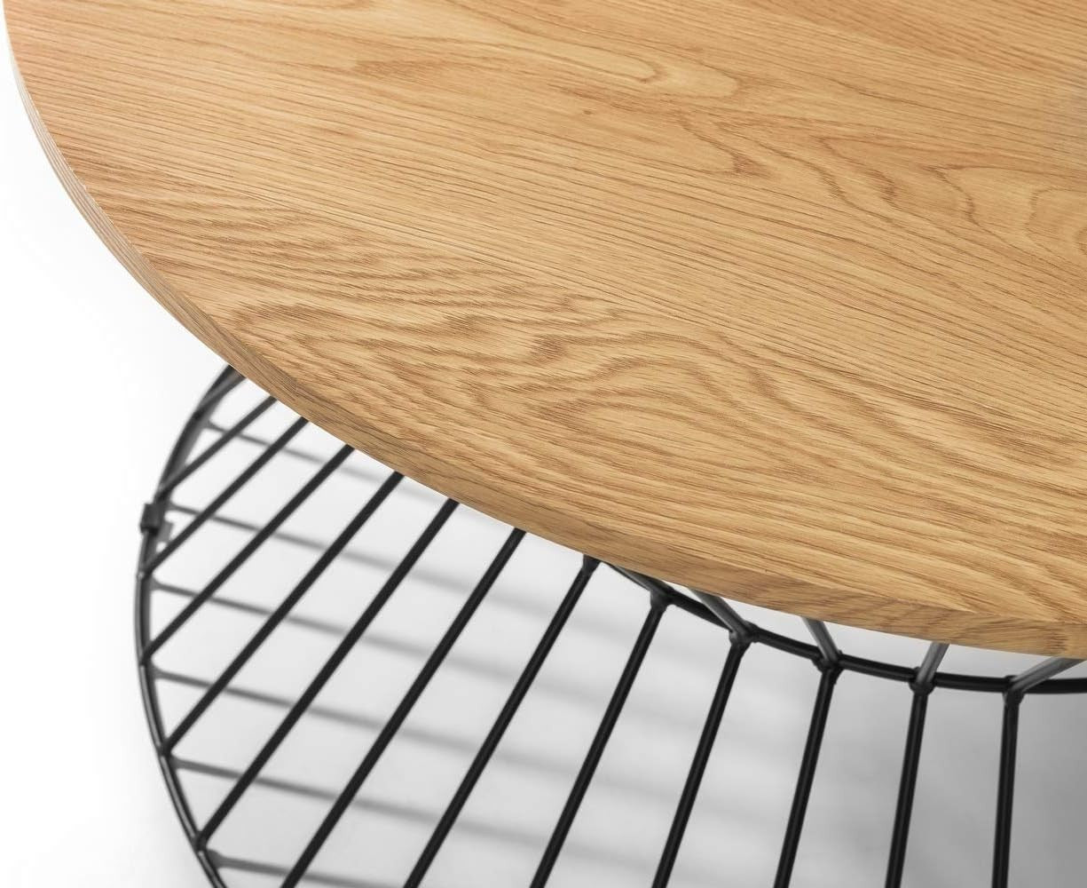 Round Oak Coffee Table with Black Wire Base – Modern Industrial Style 80x80x40