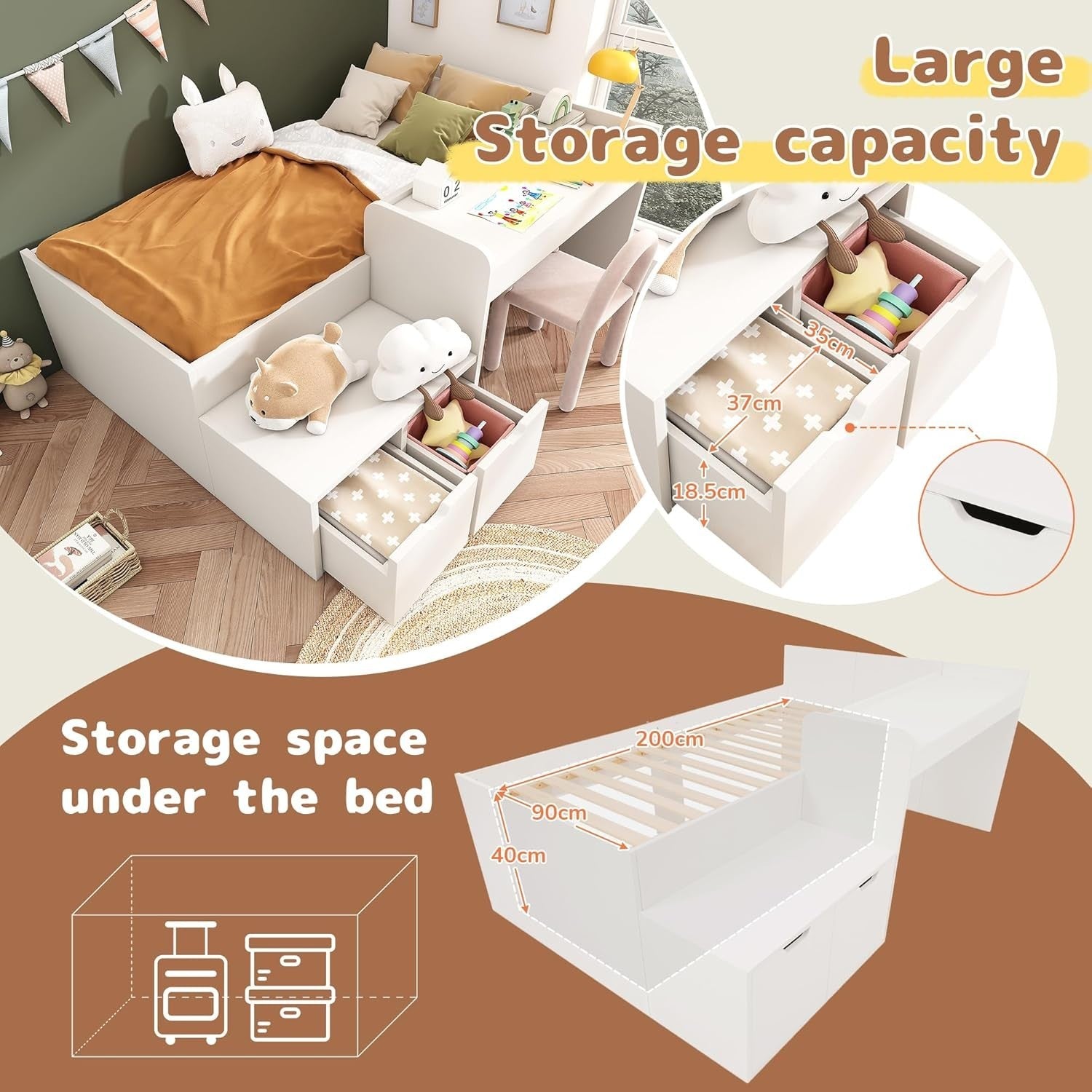 White Wooden Bunk Bed with Desk & Storage Drawers Teen Adult 90x190cm