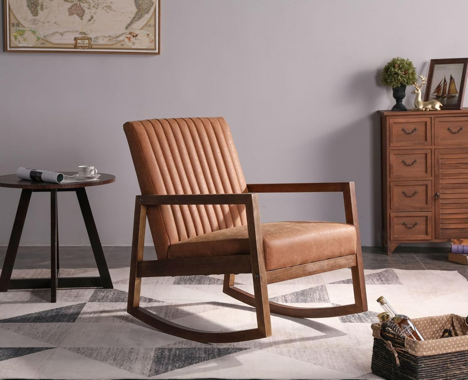 Retro PU Leather Rocking Chair Walnut Wood Frame Comfortable Reading Seat