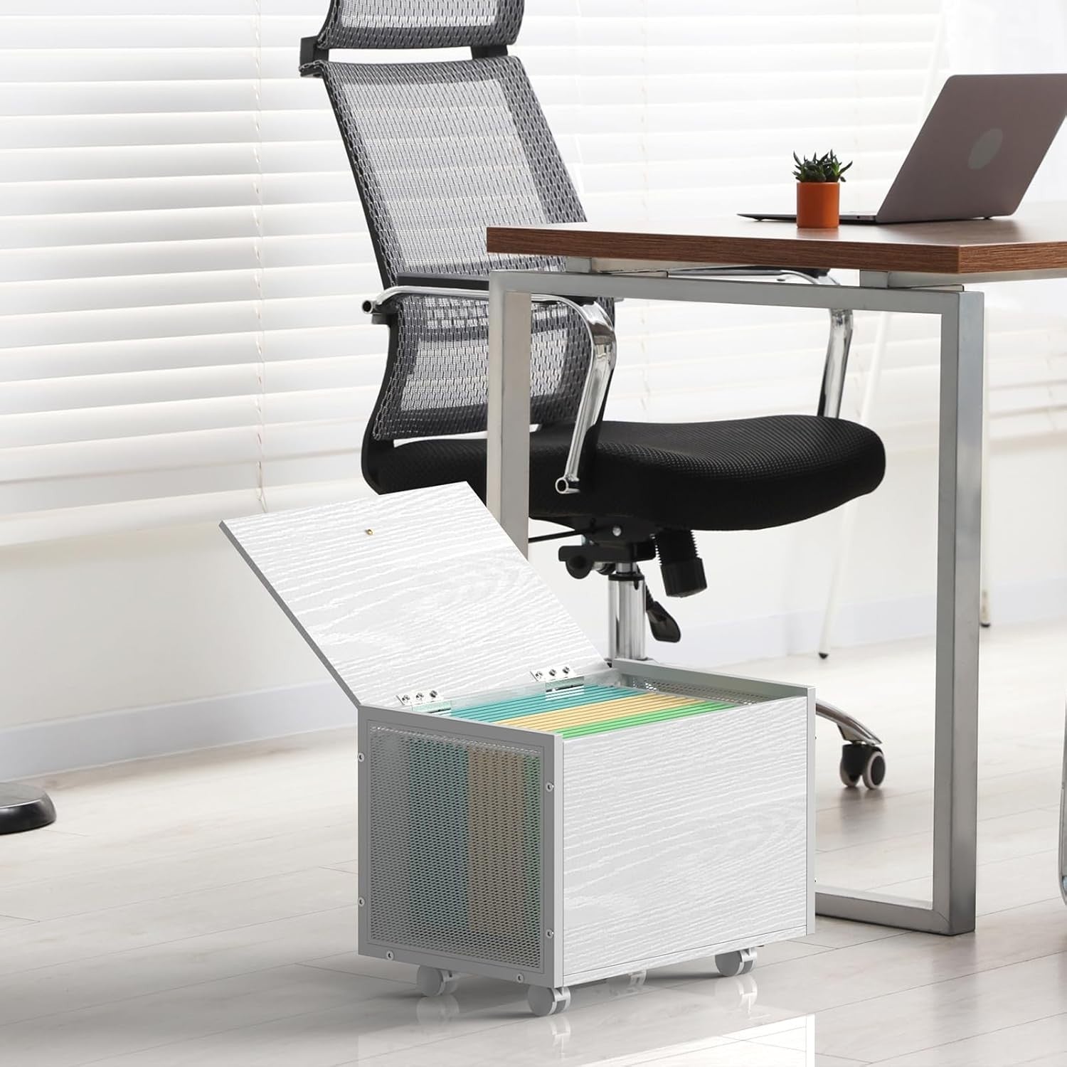 Rolling File Cabinet on Wheels Under Desk Storage Organizer Wooden White Home