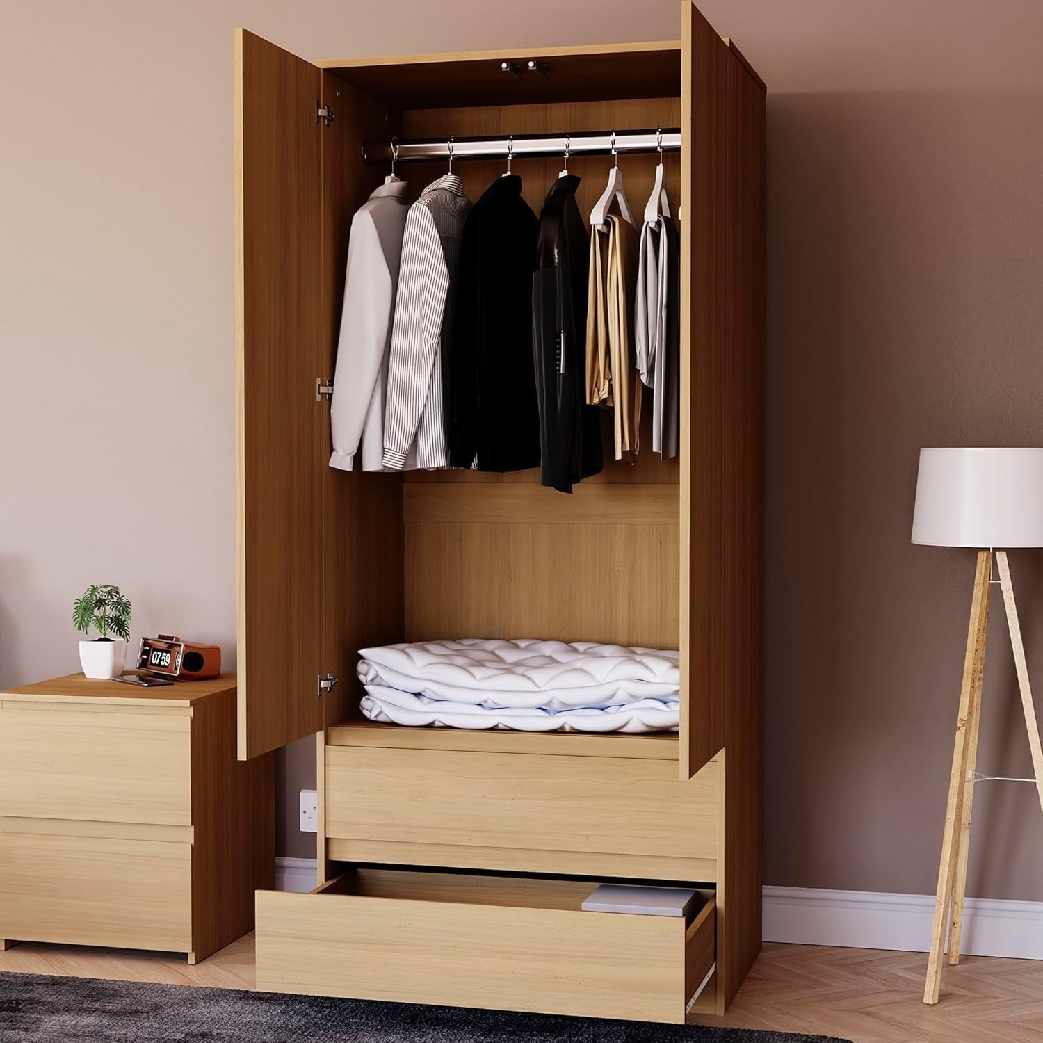 2 Door Wardrobe with 2 Drawers Pine Wood Storage Cabinet Modern Bedroom