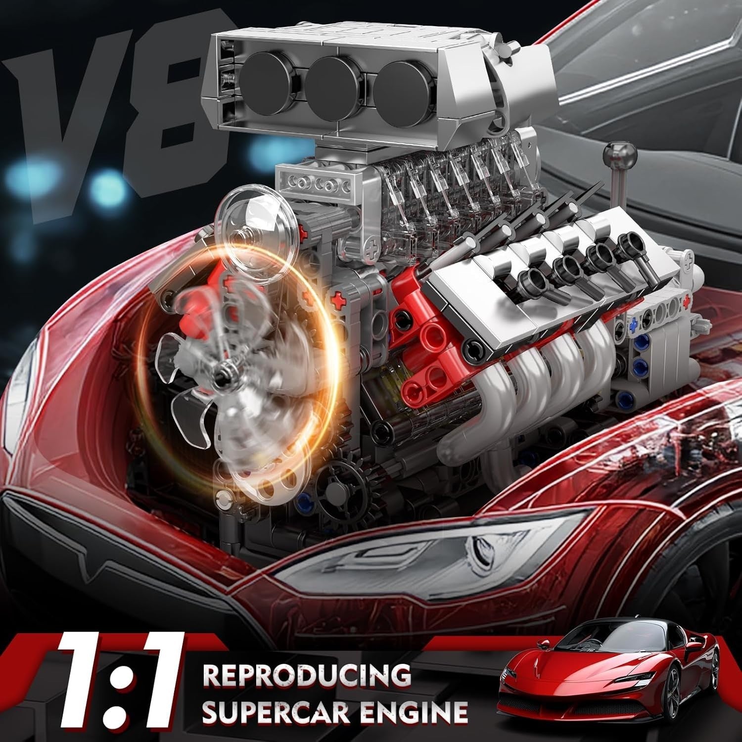 Buildable V8 Engine Toy Kit Motorized STEM Model Real Motion 855pcs DIY