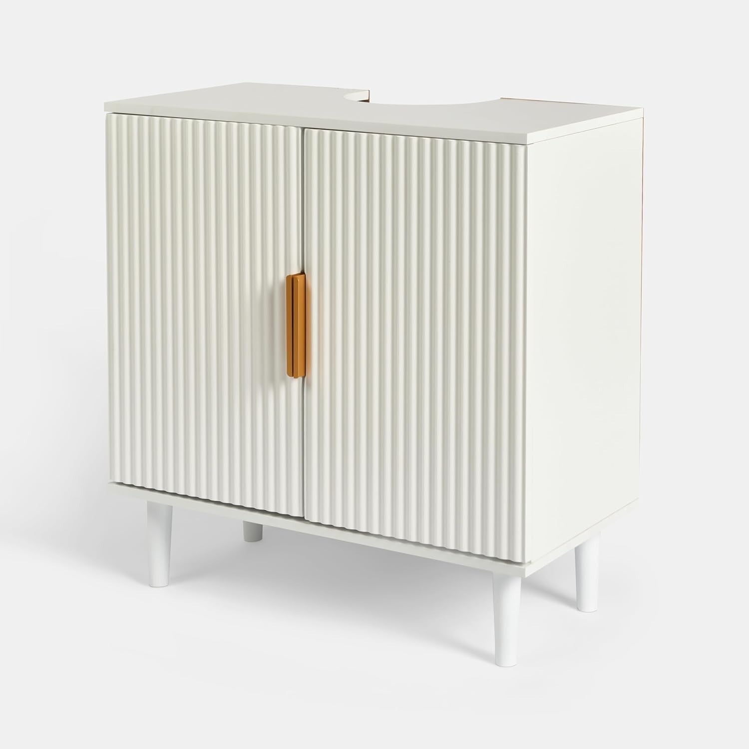 Cream Under Sink Bathroom Cabinet Ribbed 2 Door Storage Cupboard 60x30x61cm
