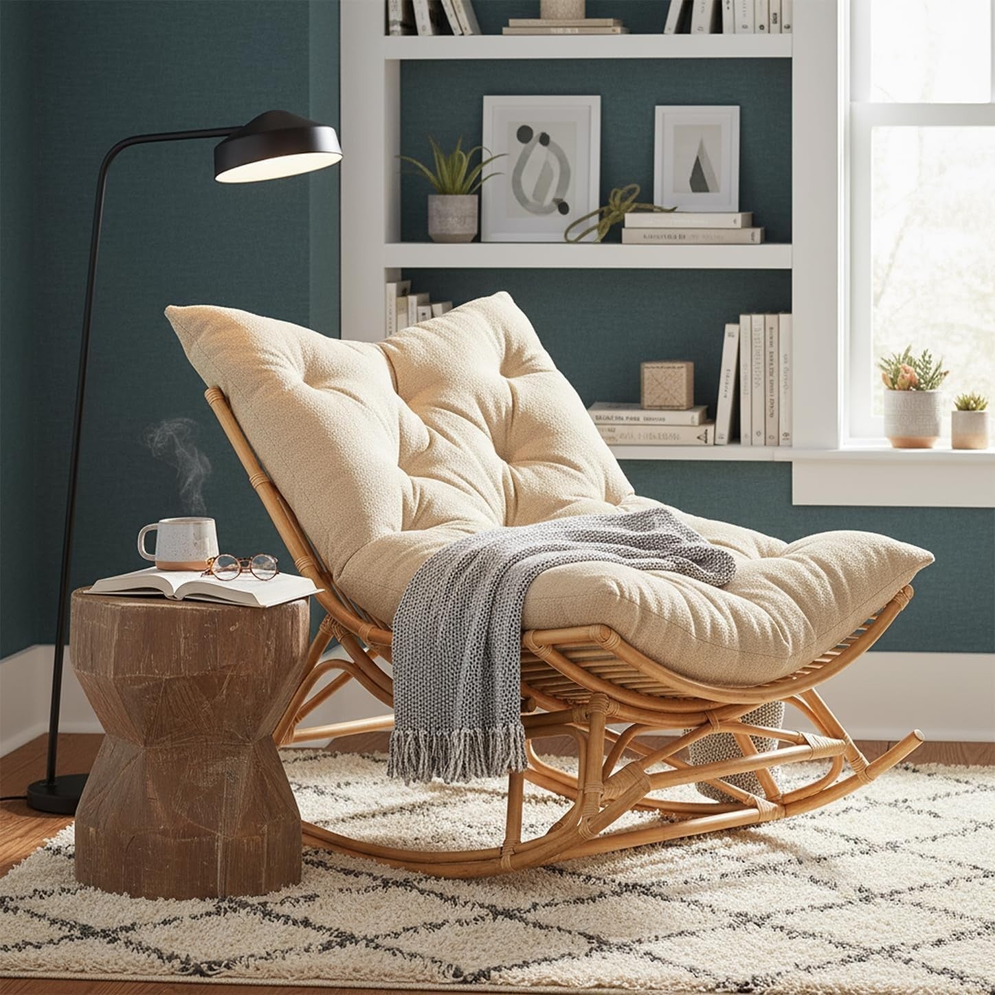 Rocking Papasan Chair Indoor Rattan Moon Chair with Cushion Adjustable Base