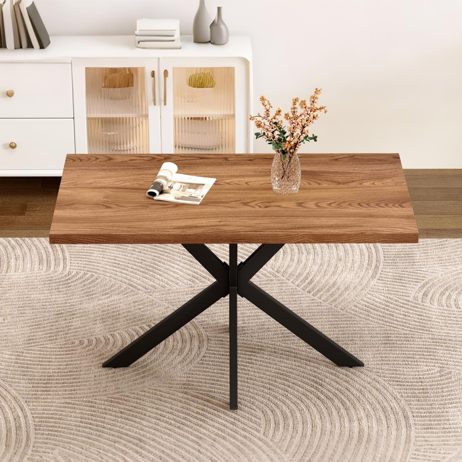 Rustic Industrial Dining Table Wood Top Black Metal Legs 120cm Modern