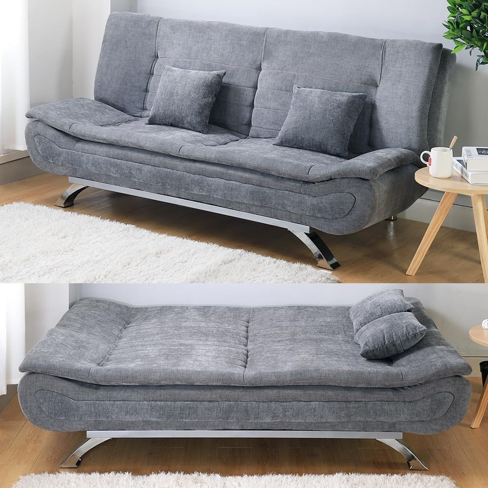 Luxury 3 Seater Sofa Bed Grey Linen Futon Couch w/ Pillows & Chrome Legs