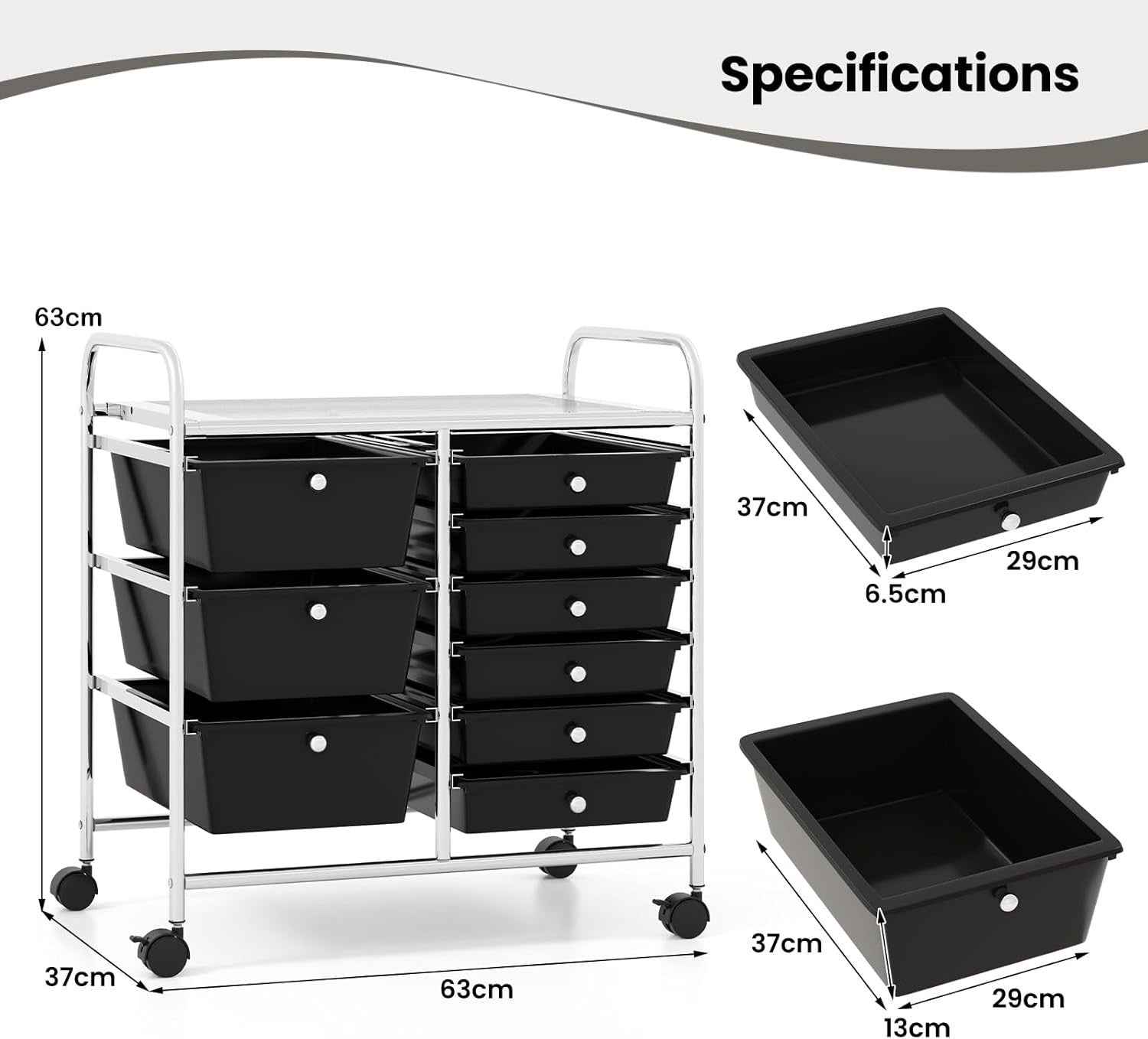 9 Drawer Rolling Storage Cart Utility Organizer Trolley Black Wheels