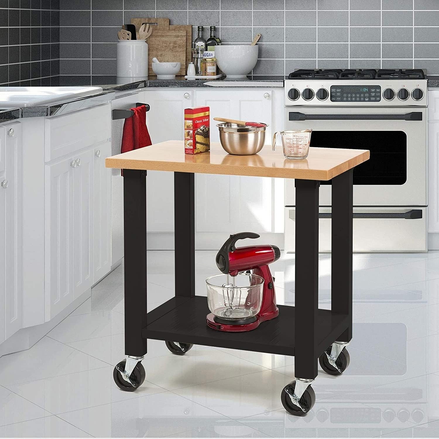 Mobile Workstation 3ft Heavy Duty Wood Top Rolling Bench with Shelf Castors