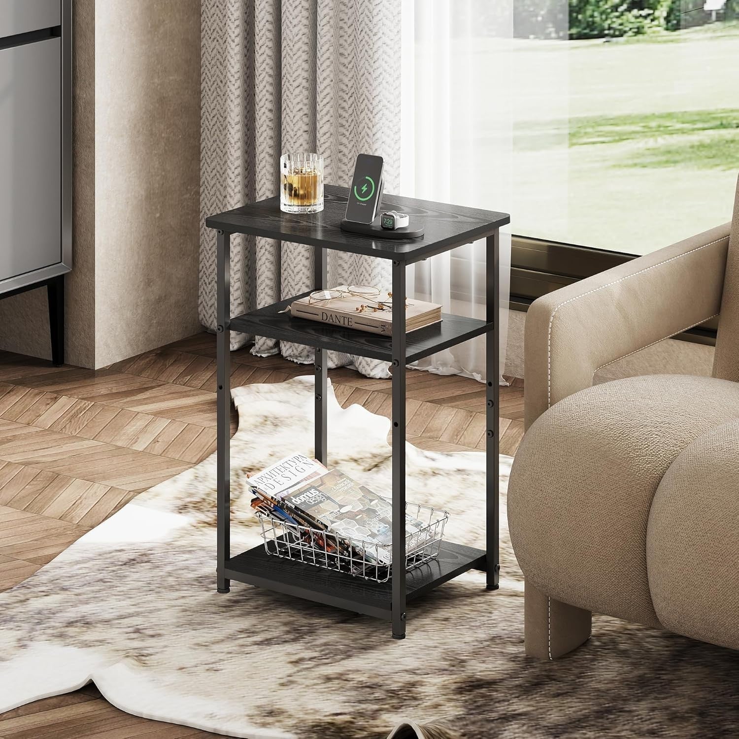 3-Tier Side Table – 56x37x31cm End Table Embossed Black Steel Frame