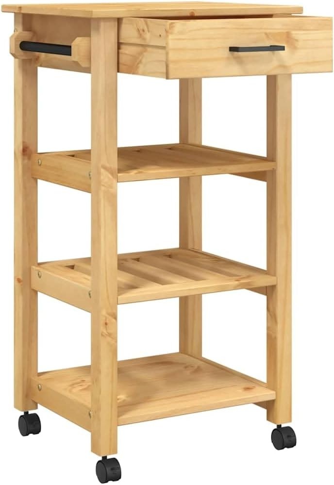 Pine Wood Kitchen Trolley Cart w Drawer Shelves Wheels