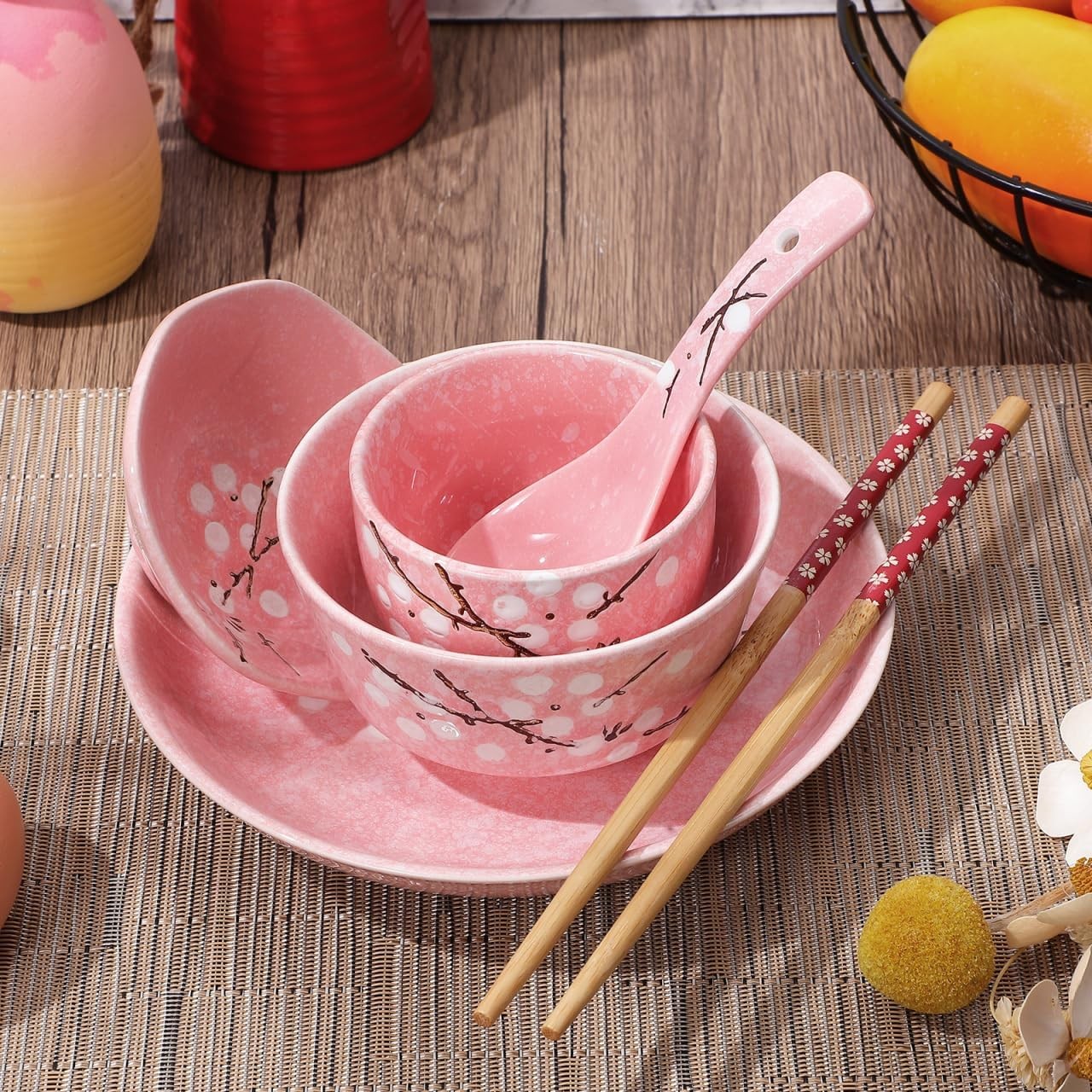 Japanese Style Ceramic Dinnerware Set Pink Bowl Plate Cup Spoon Chopsticks