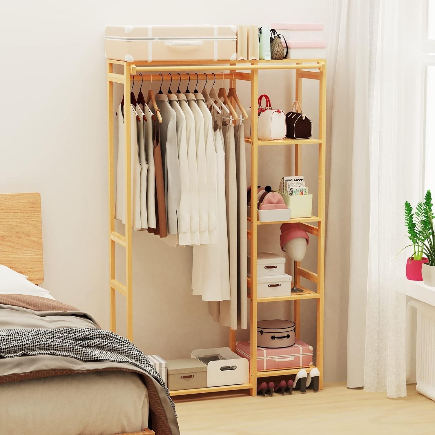Bamboo Clothes Rack Organizer with Shelves, Garment Rail Wardrobe
