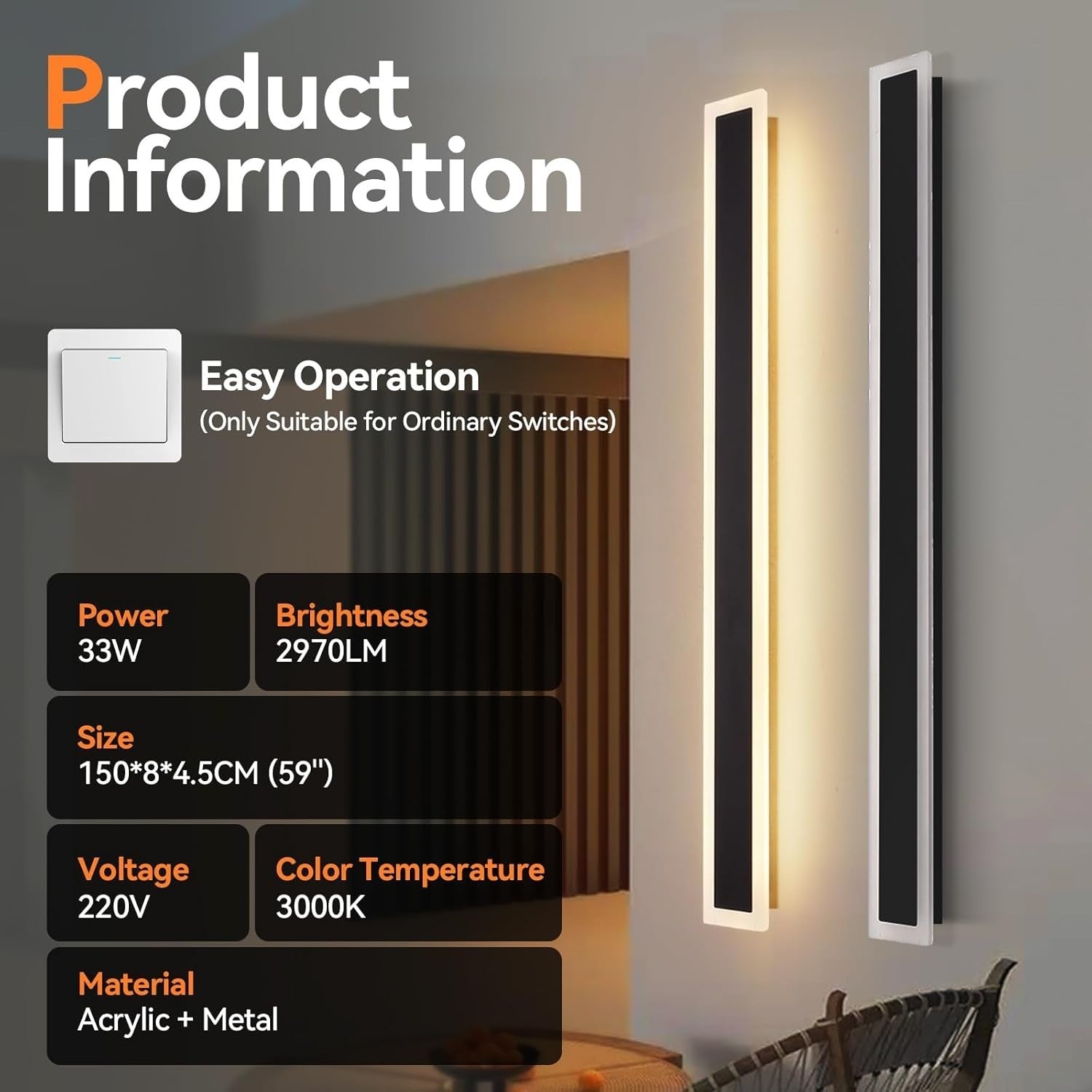 Modern Waterproof LED Wall Light Outdoor Indoor 3000K Warm White 150cm