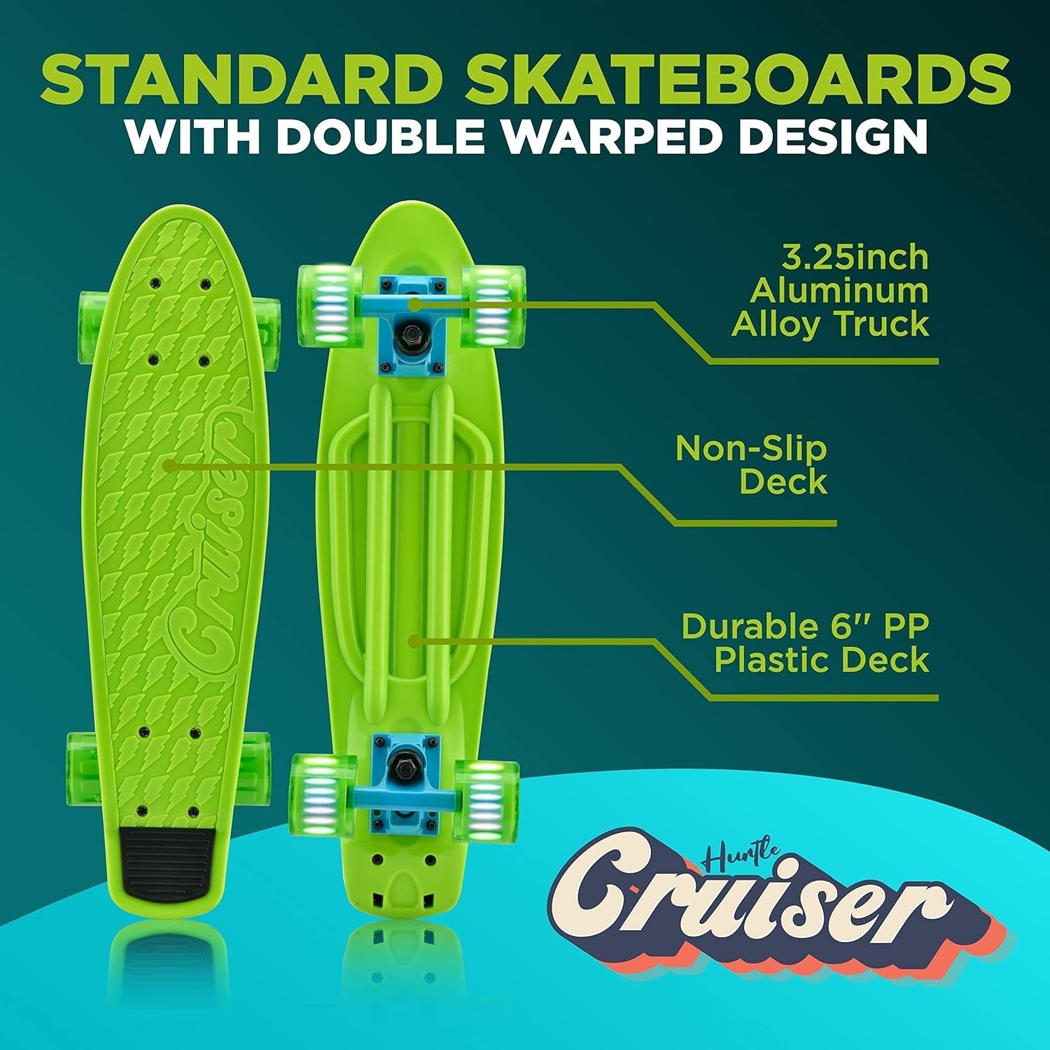Mini Cruiser Skateboard LED Wheels Kids Teens Adult 56cm Complete Black Green