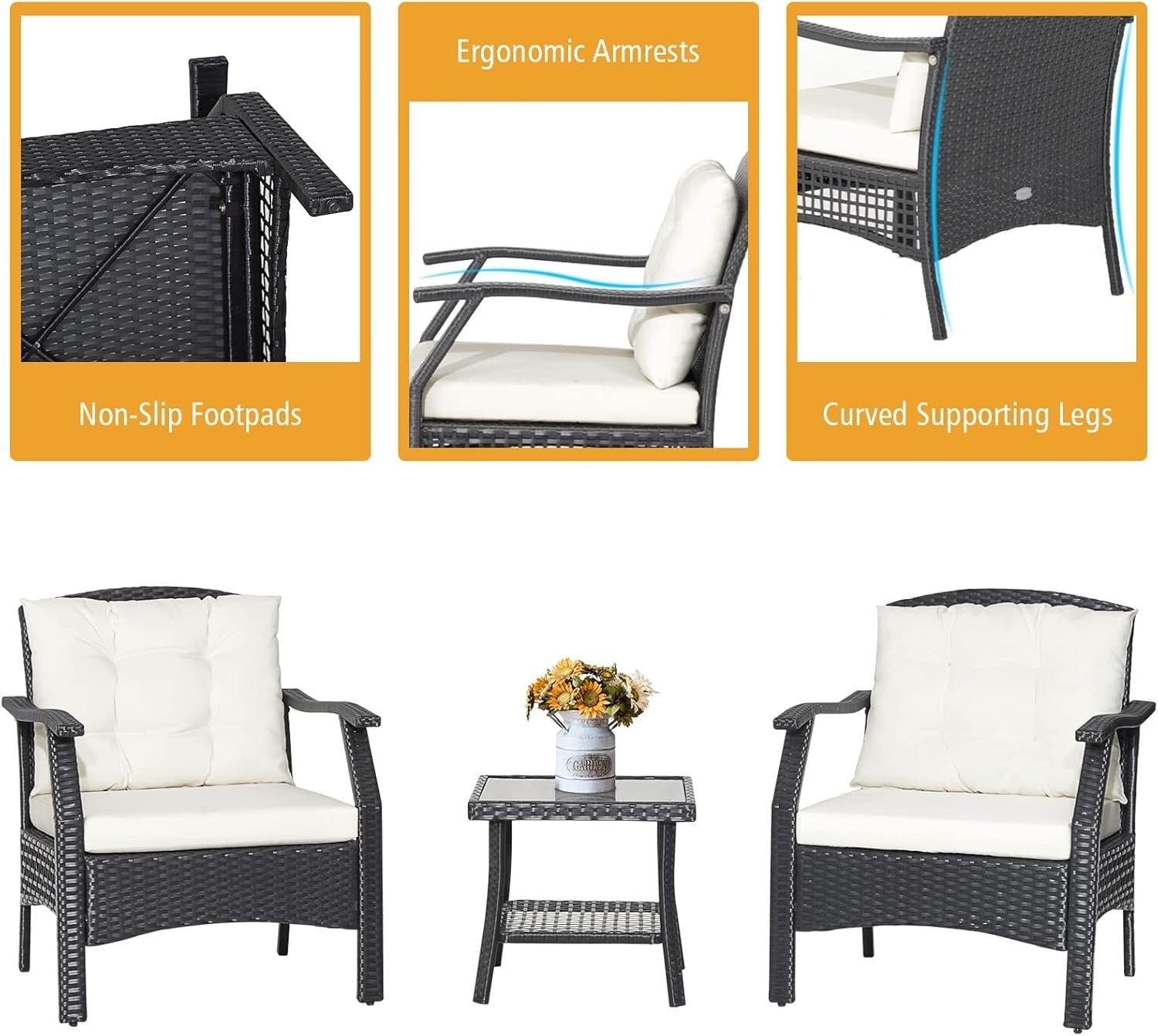 3pc Outdoor Rattan Garden Chairs Set with Cushioned Seating & Glass Table