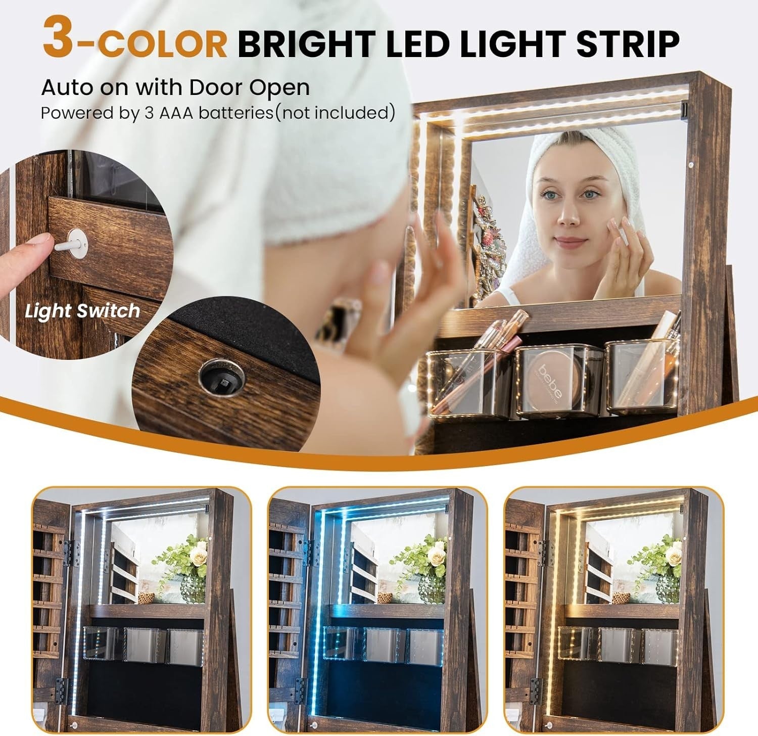 Rustic Brown 360° Swivel LED Jewelry Cabinet Mirror Lockable 3-in-1