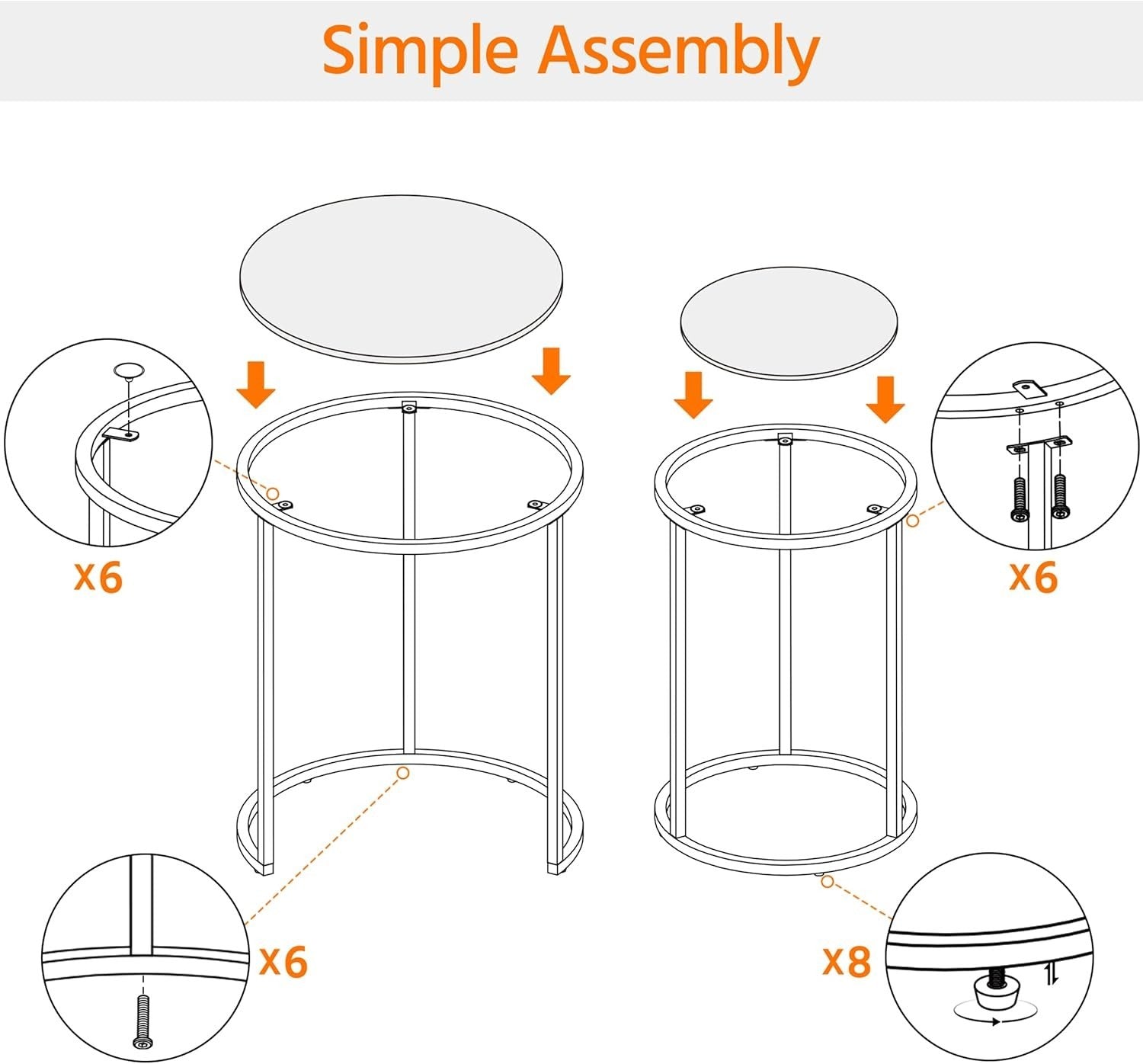Nesting End Table Set of 2 Gold Round Accent Side Tables Tempered Glass Metal